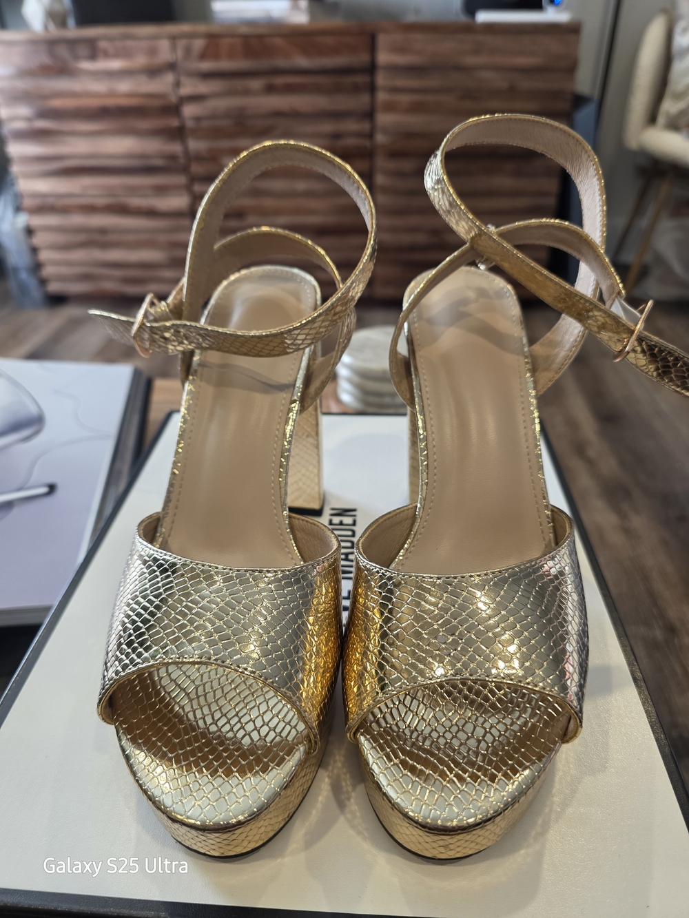 Gold Metallic Snake-Print Platform Sandals - Women
